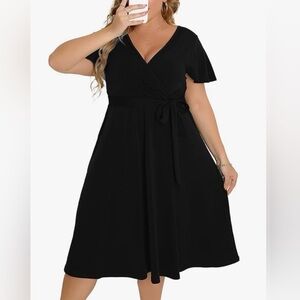 Ruffle Sleeve Black Midi Wrap Dress